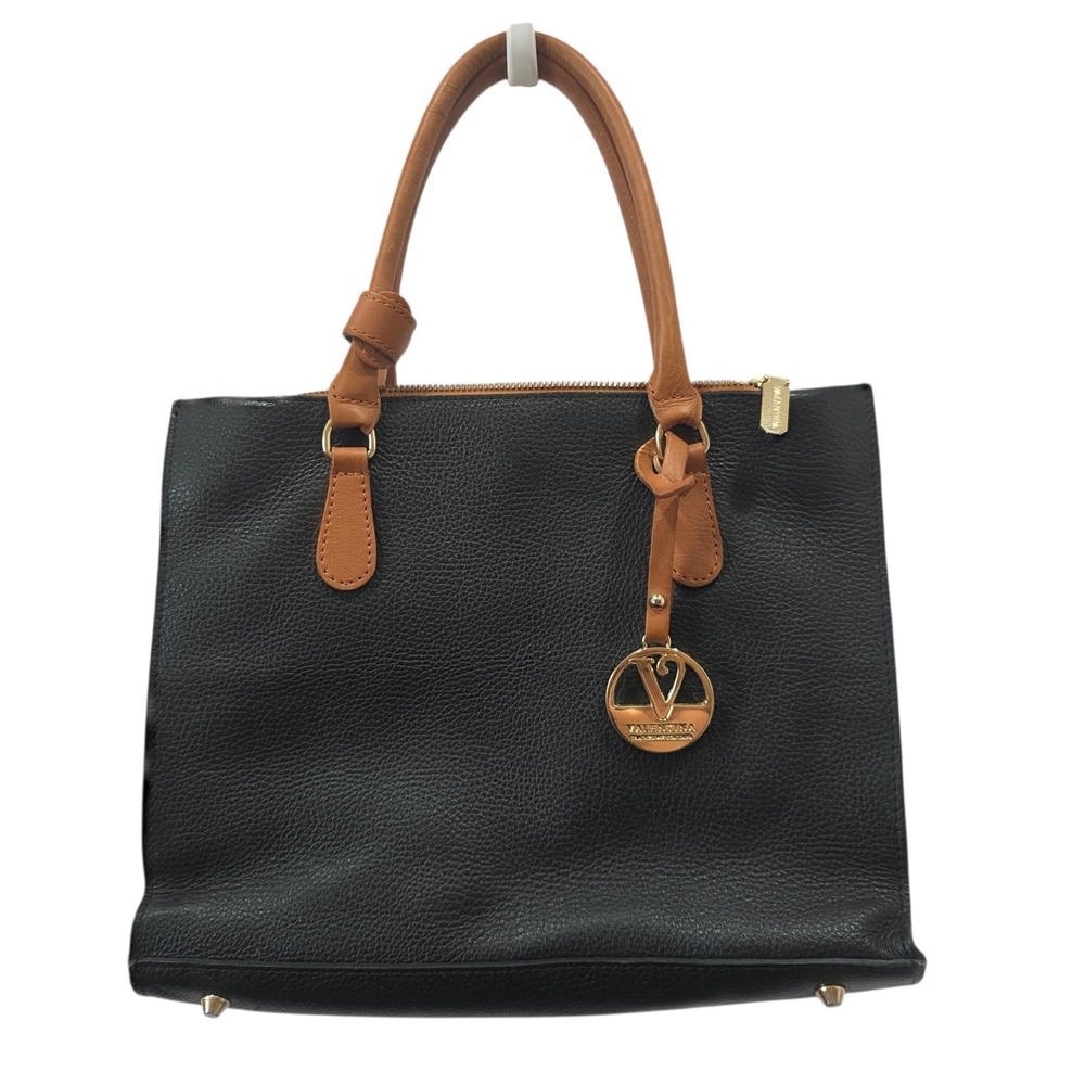 Valentina Genuine Leather Tote Black Tan Made Italy Gold Logo Structured Purse